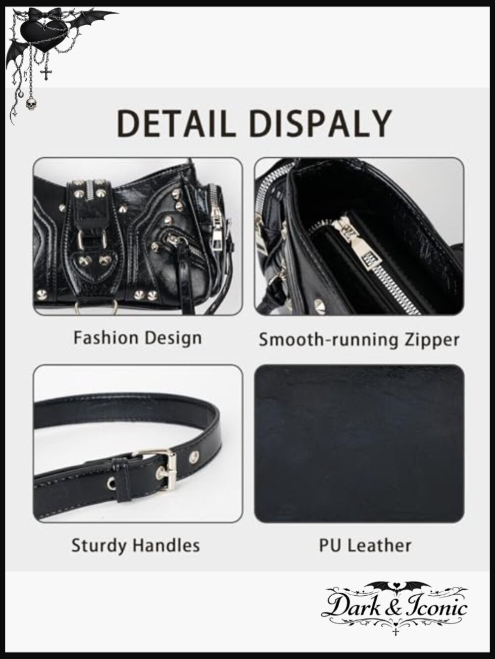Small PU Leather Studded Shoulder Bag Mini Goth Punk Grunge Handbag - Picture 3 of 7
